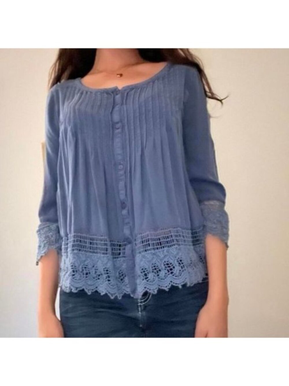 American Eagle Blue Lace Trim Button Front Pintuck Boho Blouse XS